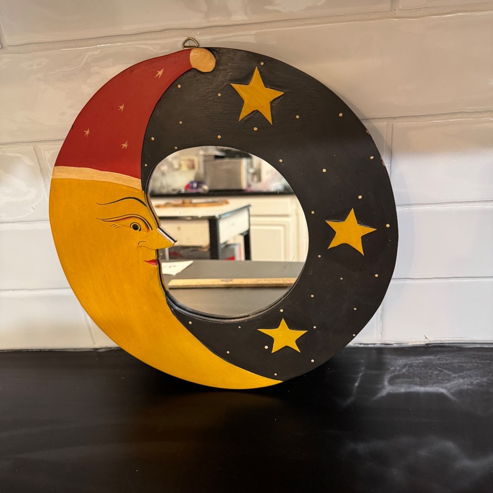 Celestial Crescent Moon Stars Wall Mirror 11.5" Yellow Black Folk Art Decor